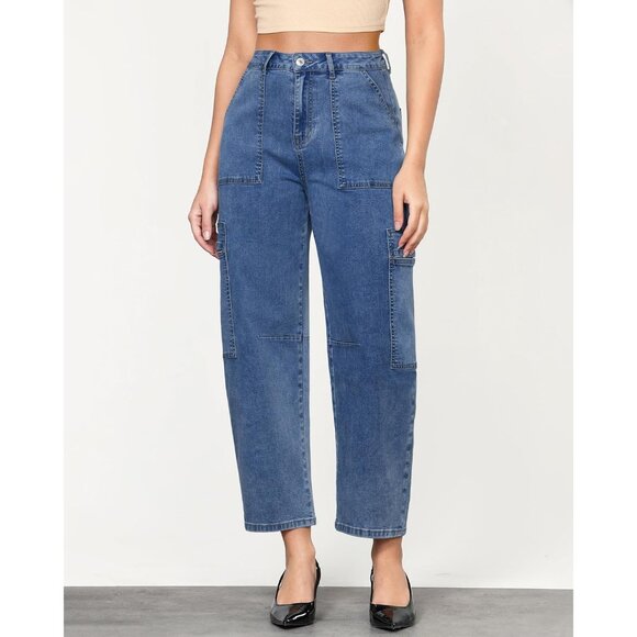 Women Jeans High Waisted Crop Cargo Pockets Wide Leg Stretch Denim - Picture 2 of 6